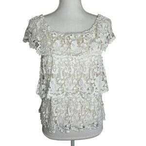 Miguelina Womens Ivory Tiered Lace Off The Shoulder Blouse Cotton Silk SZ S